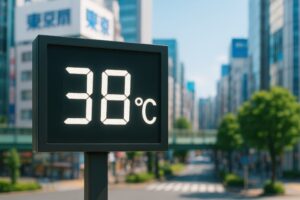 東京の街中に表示された気温38℃のデジタル表示板