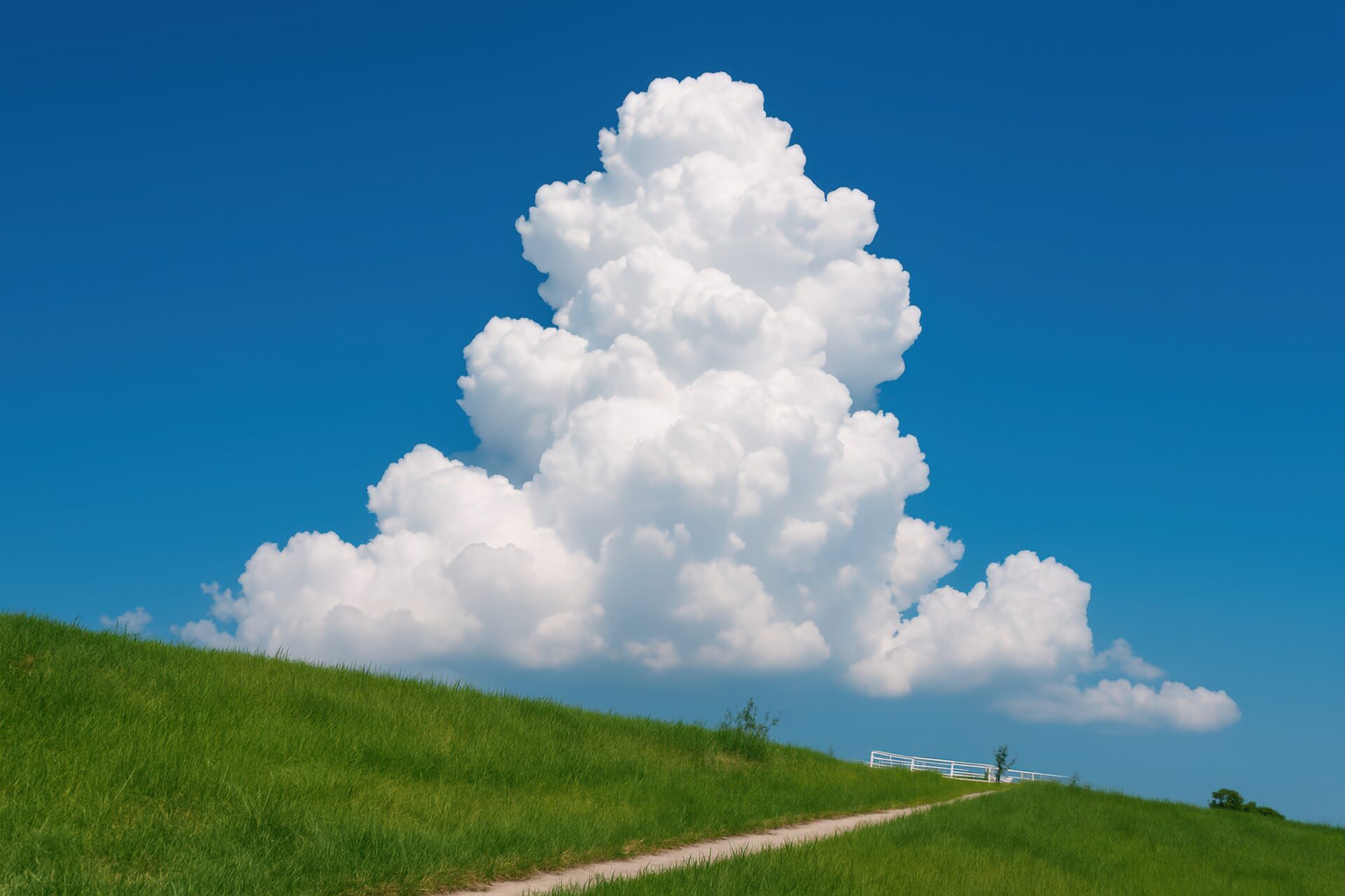 夏の青空にそびえる入道雲と草原の小道