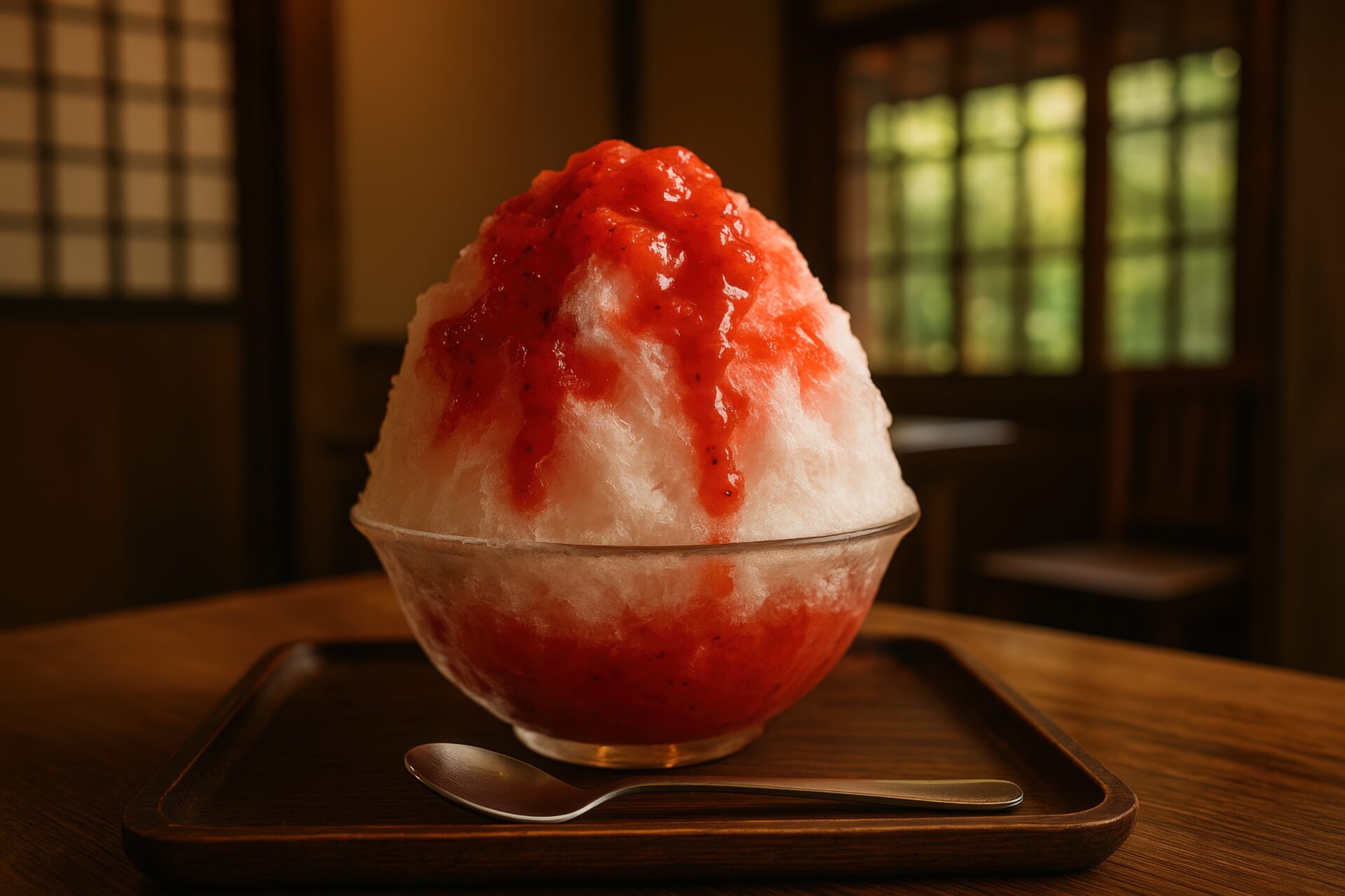 和風の室内で味わういちごシロップのかき氷