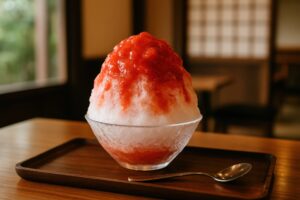古民家風カフェのテーブルに置かれたいちごかき氷