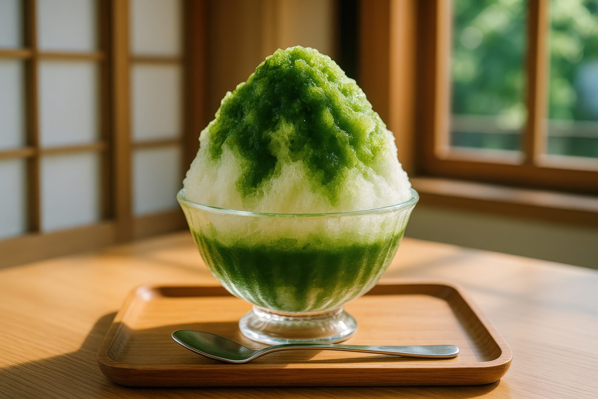木漏れ日が差す和室で楽しむ抹茶かき氷