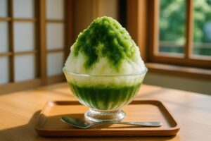 木漏れ日が差す和室で楽しむ抹茶かき氷