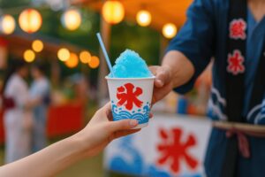 夏祭りの屋台で手渡される青いかき氷