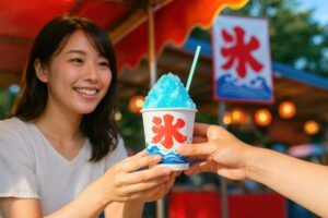 笑顔の女性が夏祭りで受け取る青いかき氷