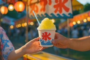 浴衣姿の来場者に渡されるレモン味のかき氷