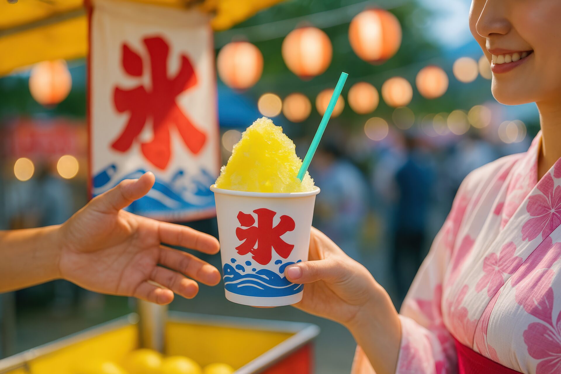 浴衣姿の女性が手にしたレモン味のかき氷