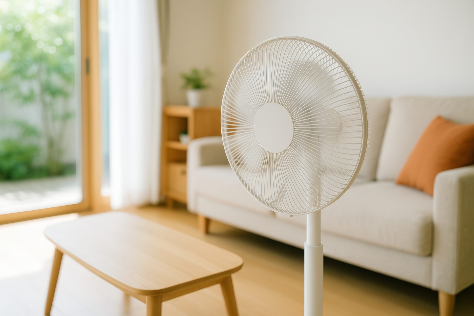夏のリビングに置かれた白い扇風機