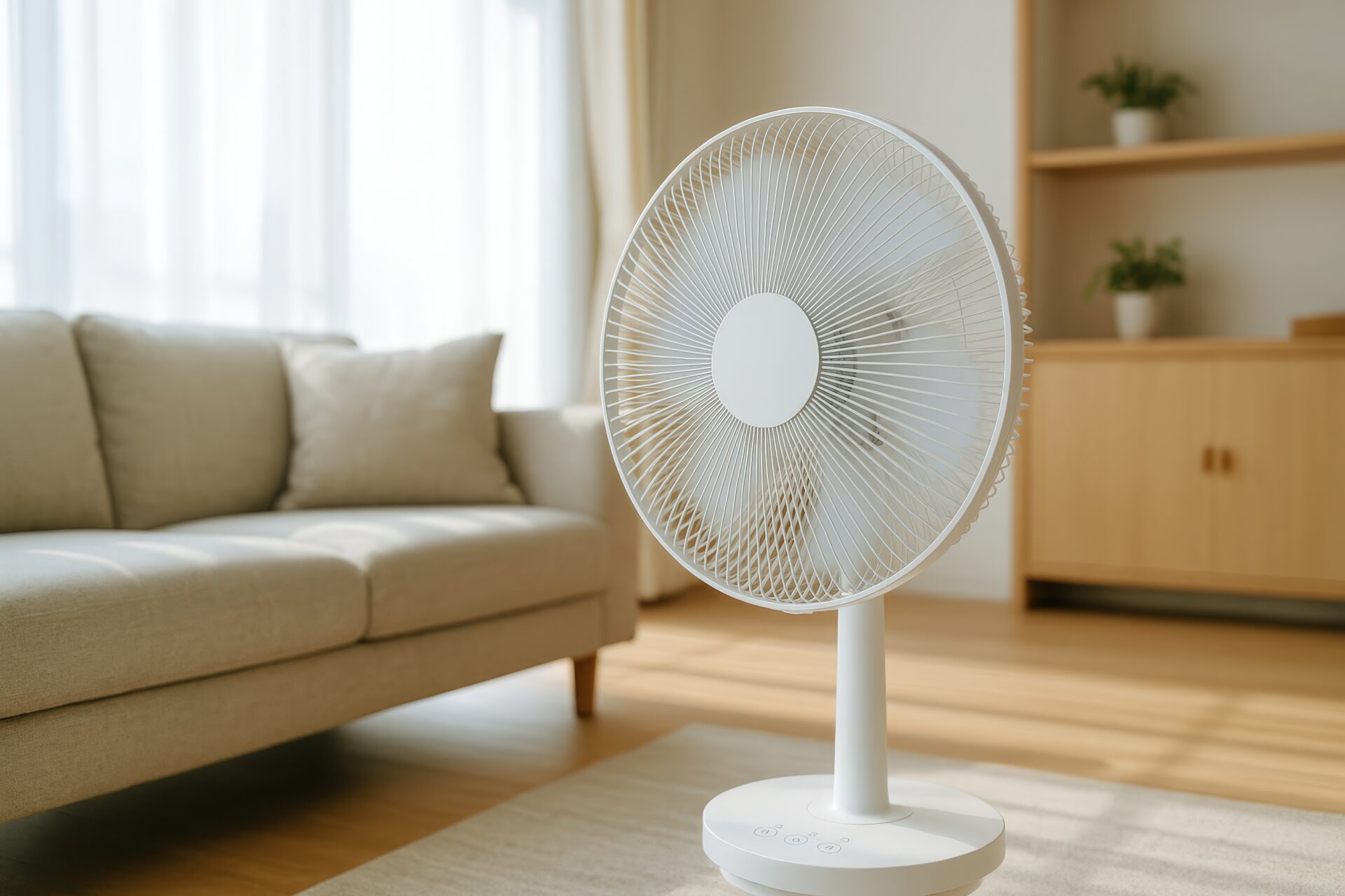 明るい部屋に設置されたシンプルな白い扇風機