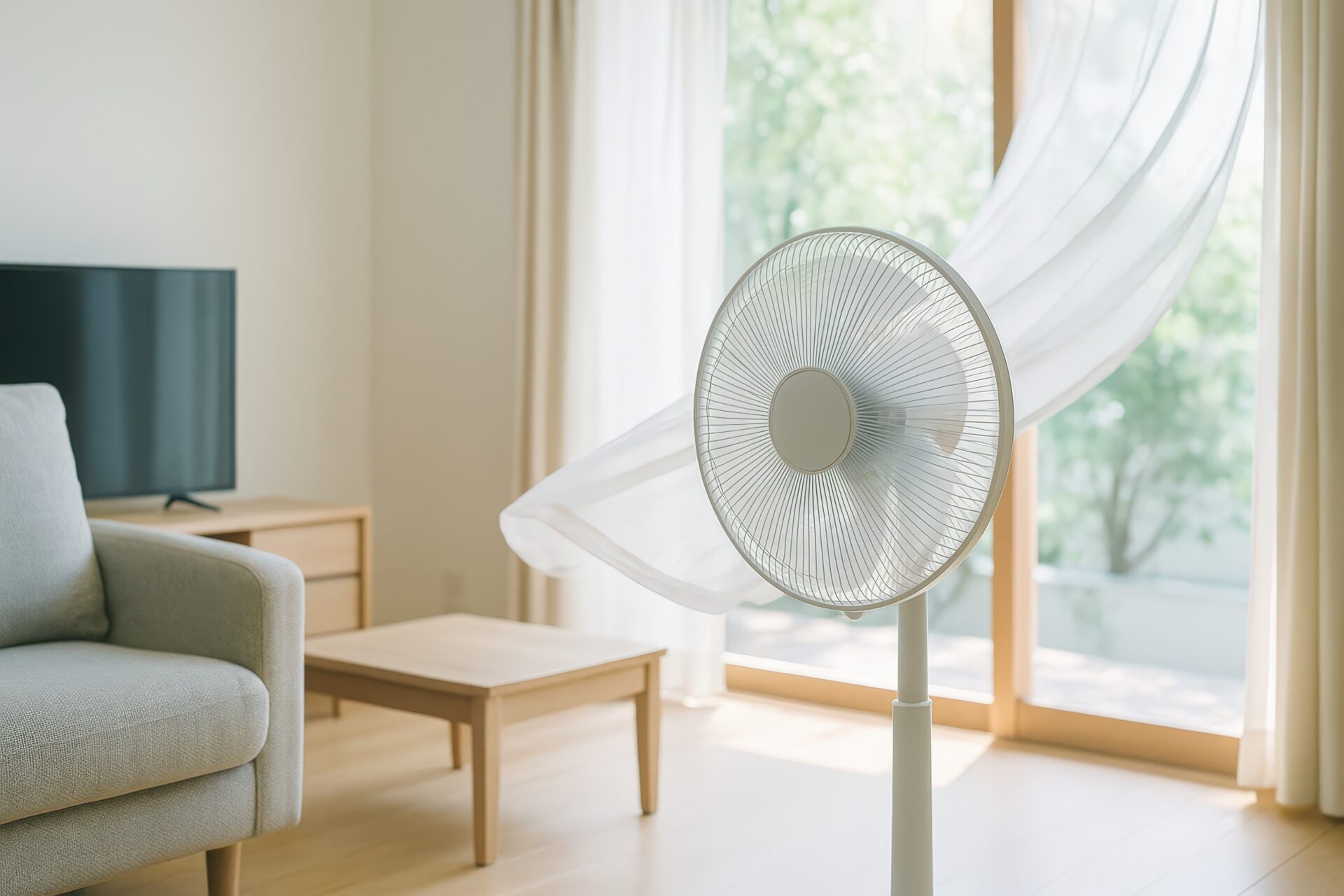 風に揺れるカーテンと涼しげな扇風機のある部屋