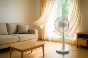 日差しが差し込む部屋と窓辺の扇風機