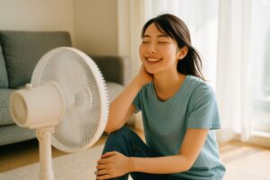 扇風機の風を浴びて笑顔を見せる若い女性