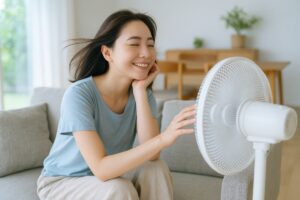 涼しい風に目を閉じてリラックスする女性