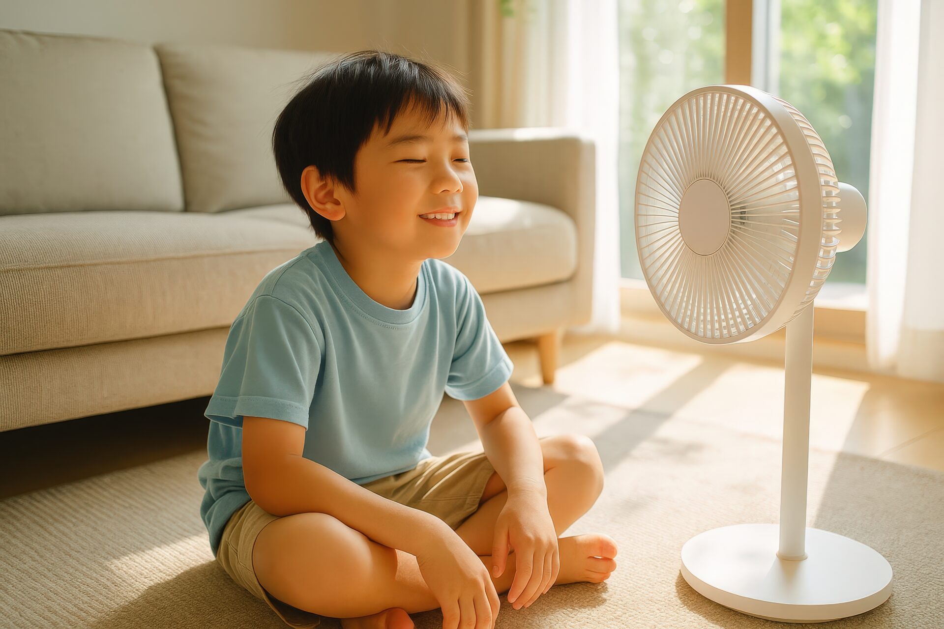 扇風機の前で気持ちよさそうに微笑む男の子