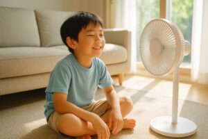 扇風機の前で気持ちよさそうに微笑む男の子