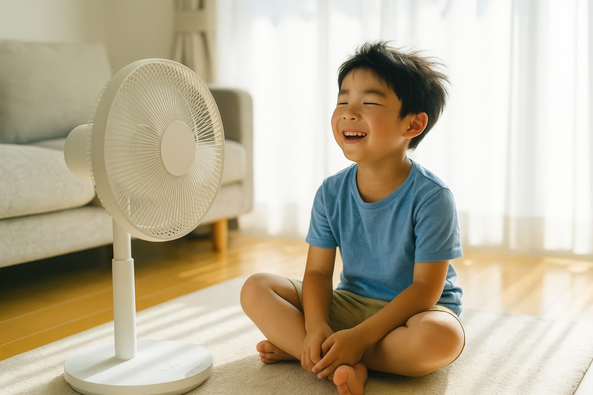 風を浴びて笑顔になるリビングの男の子