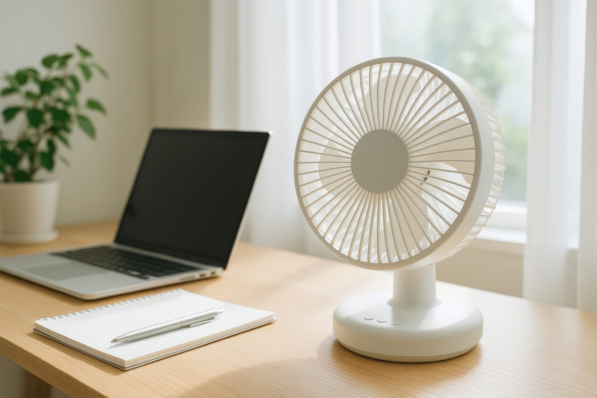 ノートとノートパソコンのそばに置かれた卓上扇風機