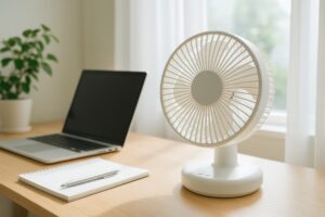 ノートとノートパソコンのそばに置かれた卓上扇風機