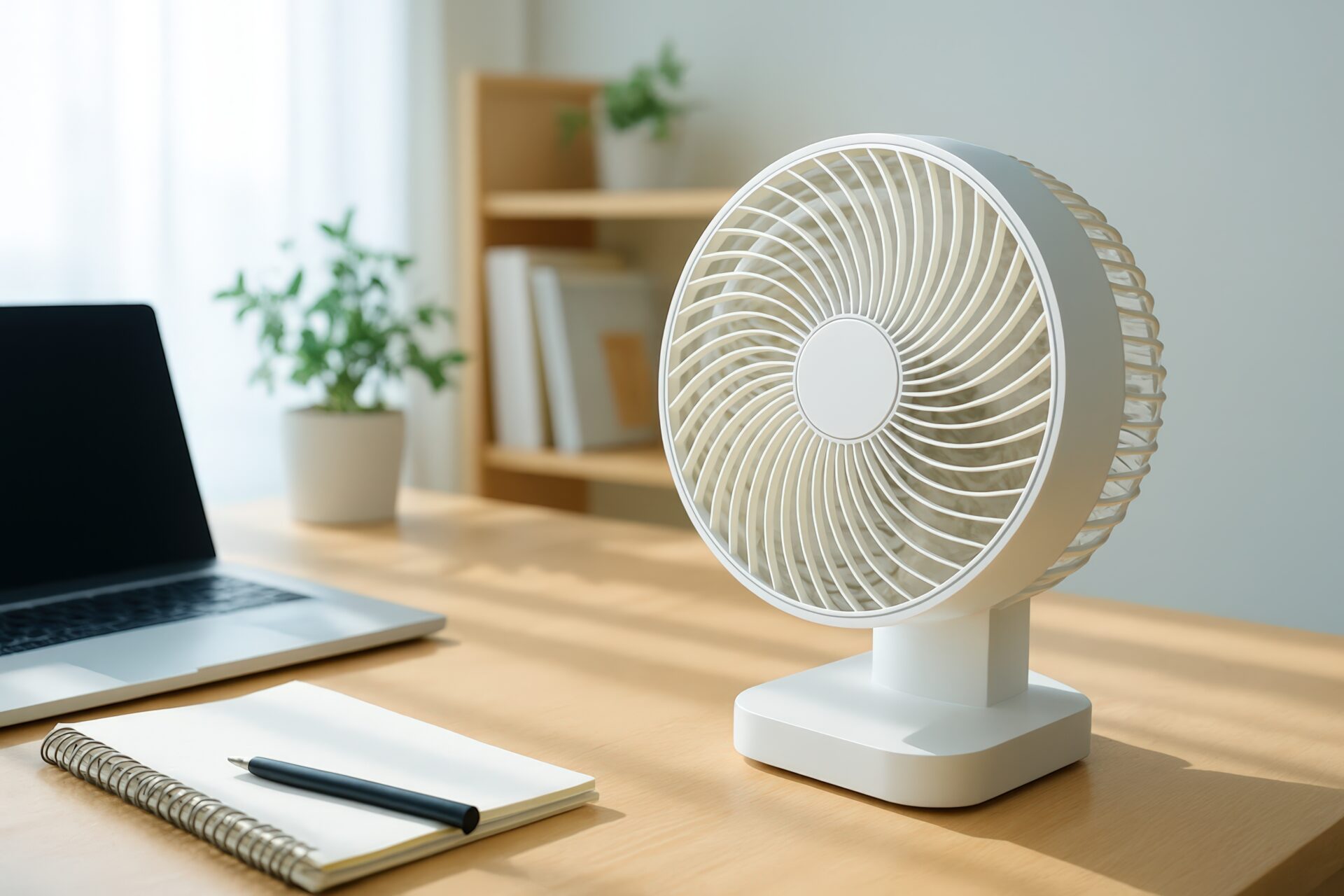 デスク上のパソコンとコンパクトな卓上扇風機