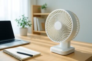 デスク上のパソコンとコンパクトな卓上扇風機