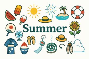 夏のモチーフが並ぶイラストデザイン