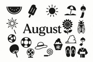 白黒で描かれた8月のアイコンイラスト