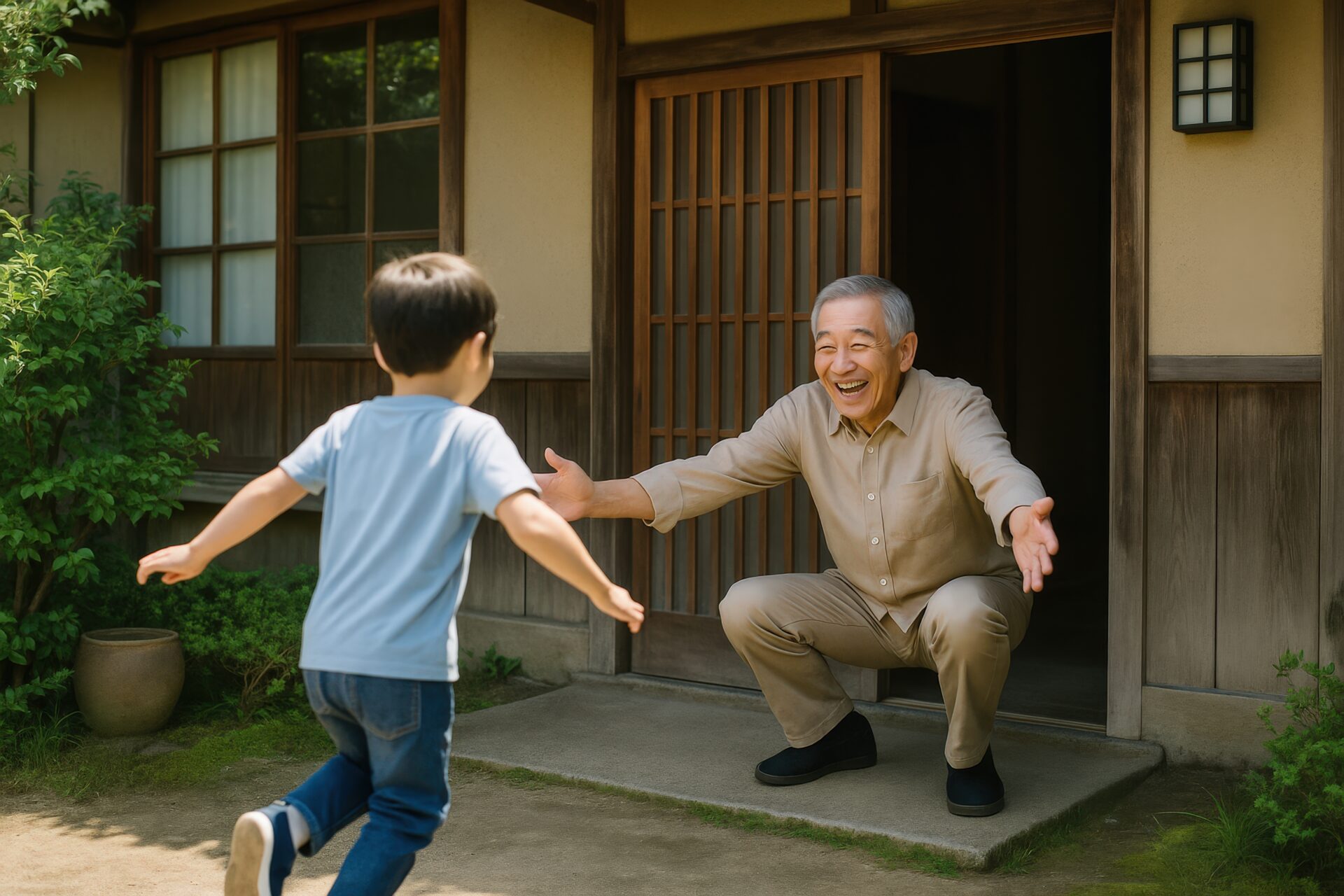 玄関先で孫を迎える笑顔の祖父