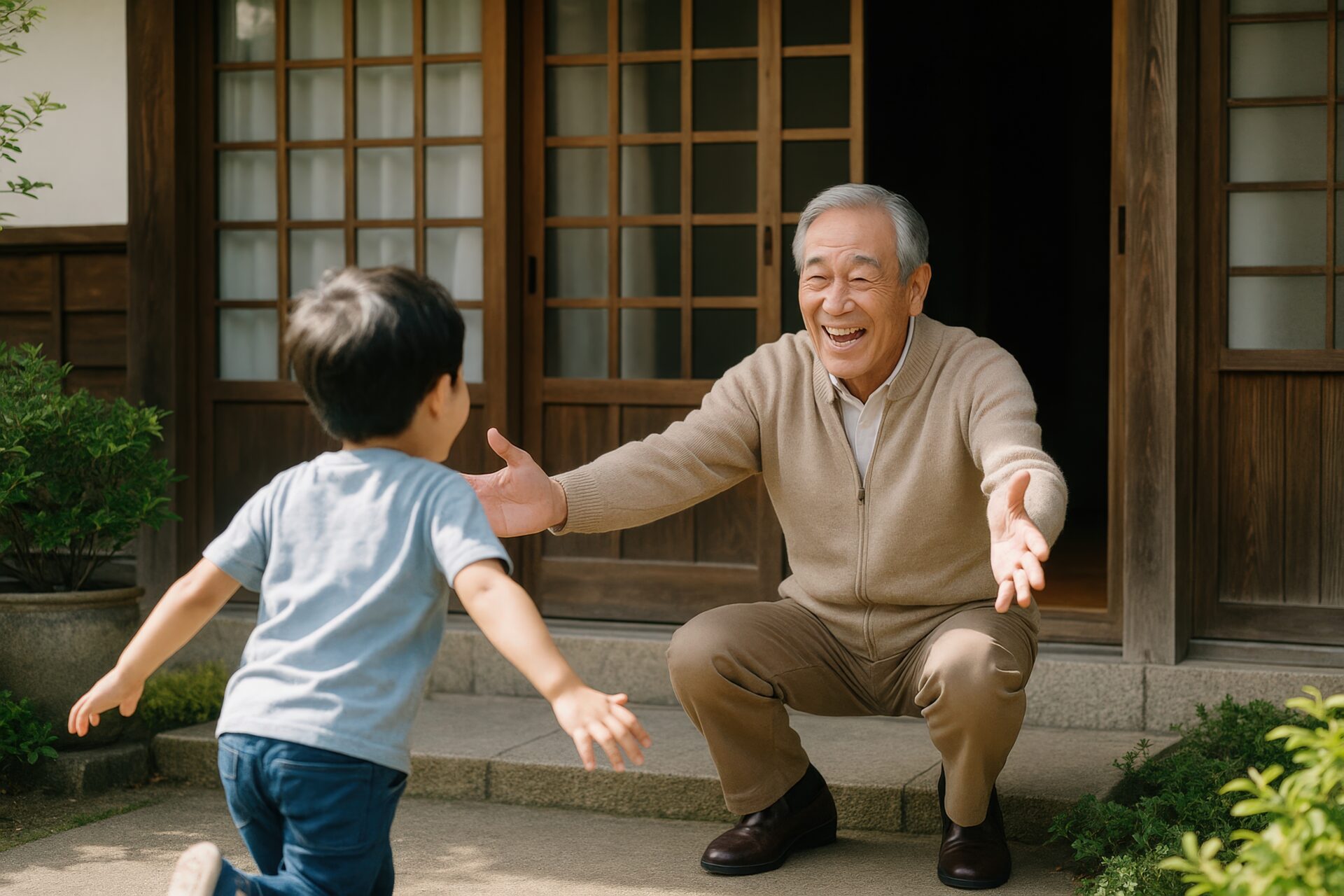 玄関で孫を抱きしめようとする祖父の笑顔