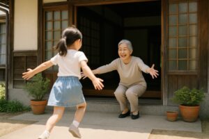 玄関先で両手を広げて迎える笑顔の祖母