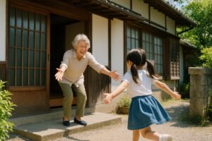笑顔で孫を迎える玄関先の祖母