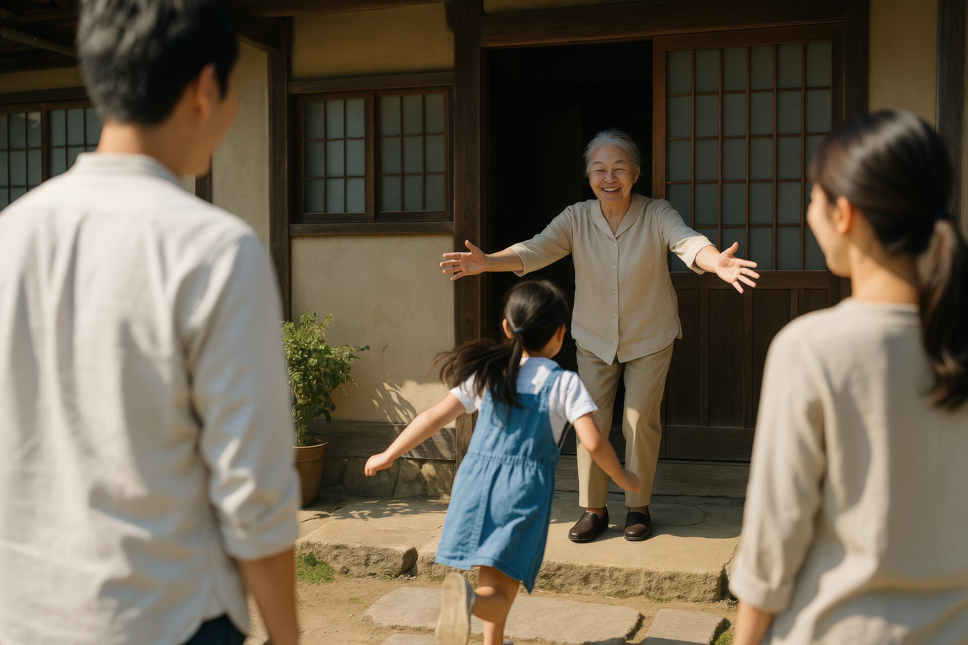 玄関先で出迎える祖母と走る孫と両親