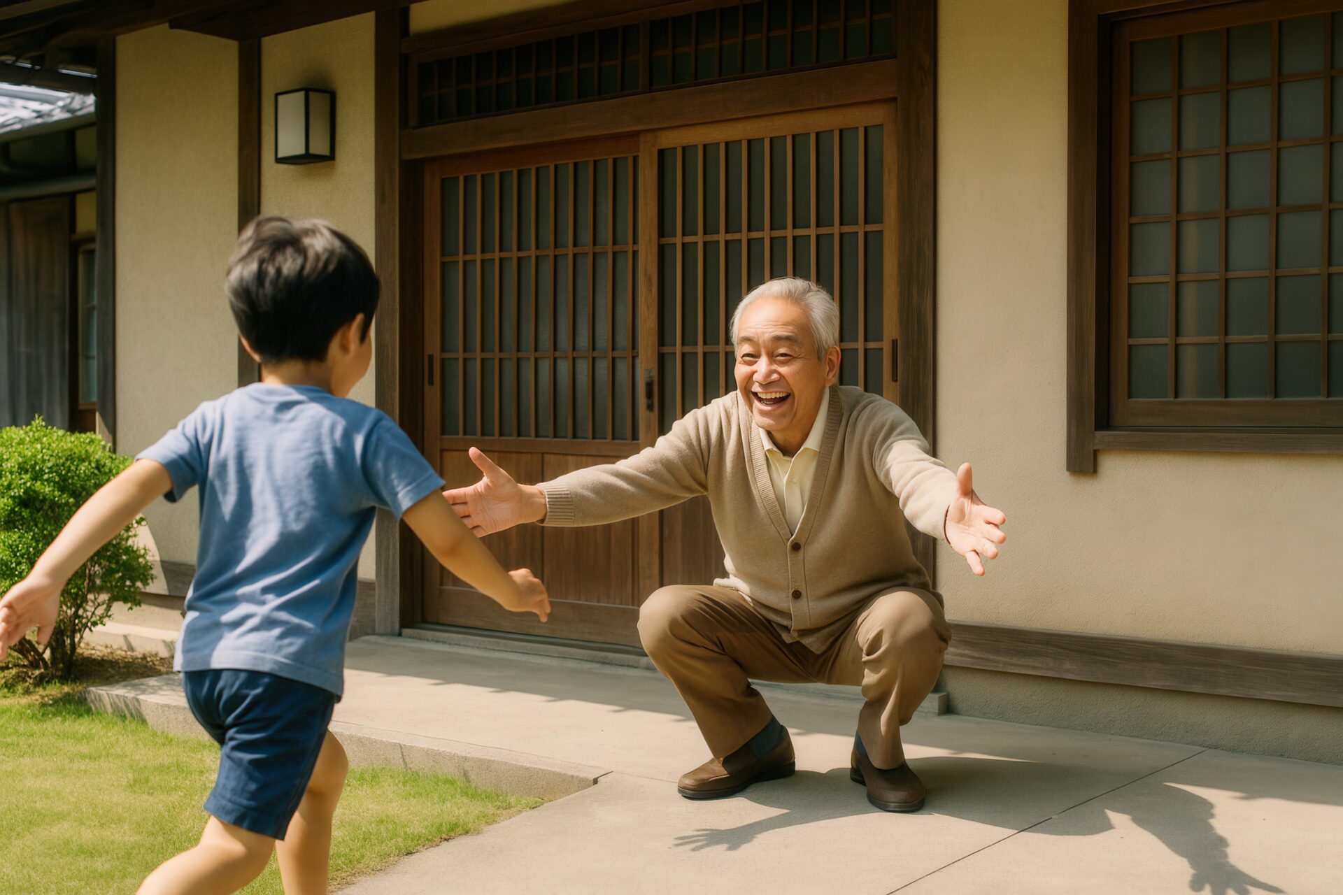 笑顔で迎える祖父と駆け寄る孫の男の子