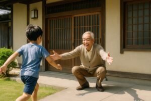 笑顔で迎える祖父と駆け寄る孫の男の子