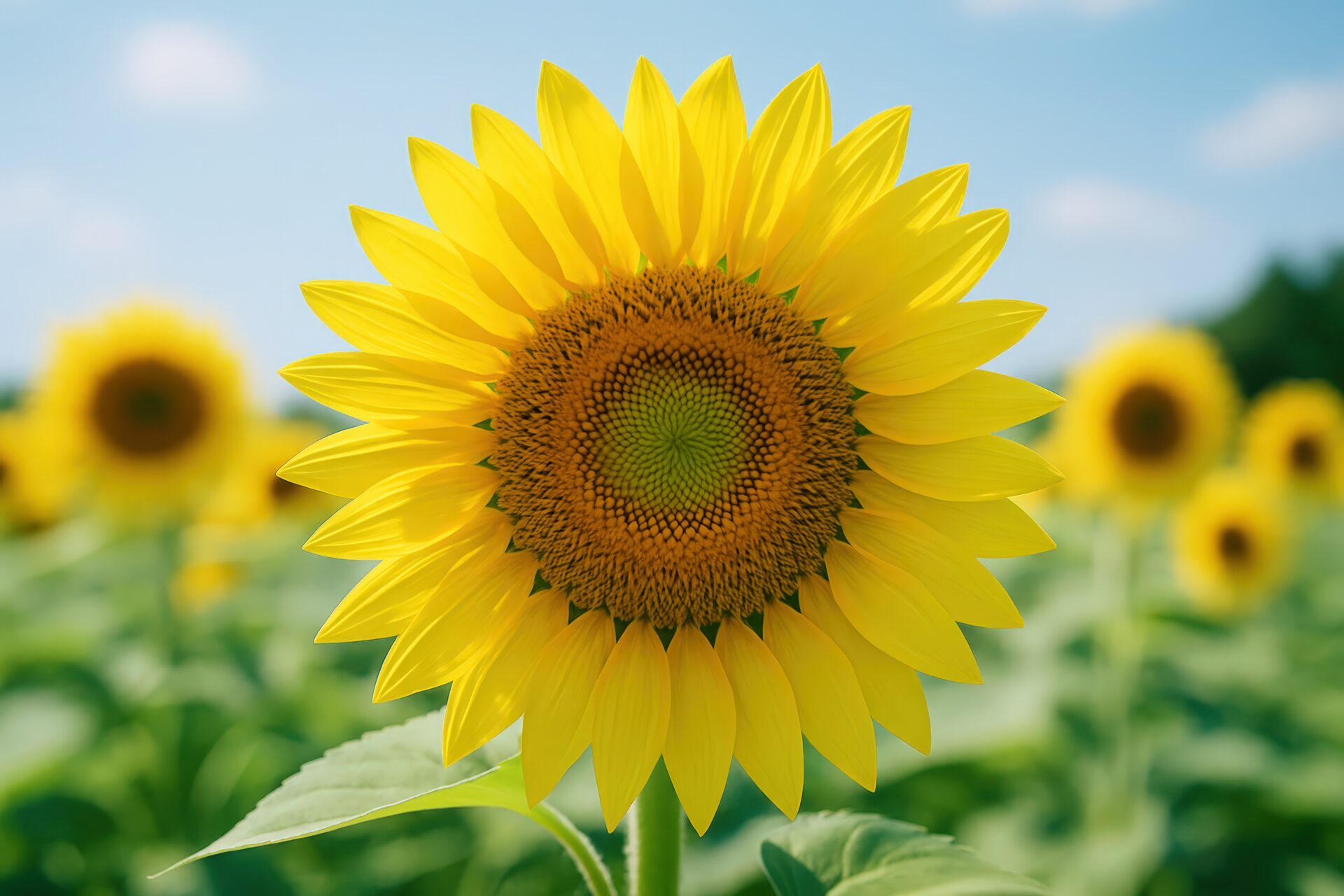 夏の畑に咲く大輪のひまわり