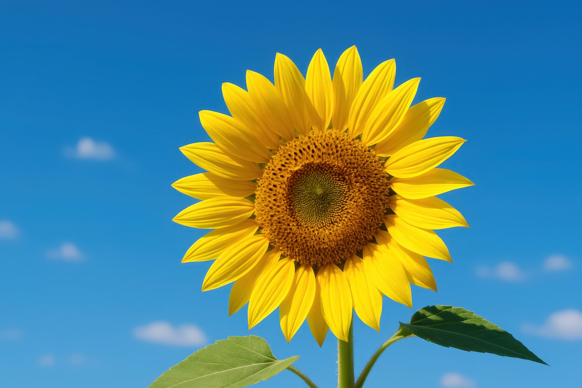 快晴の青空と元気に咲くひまわり