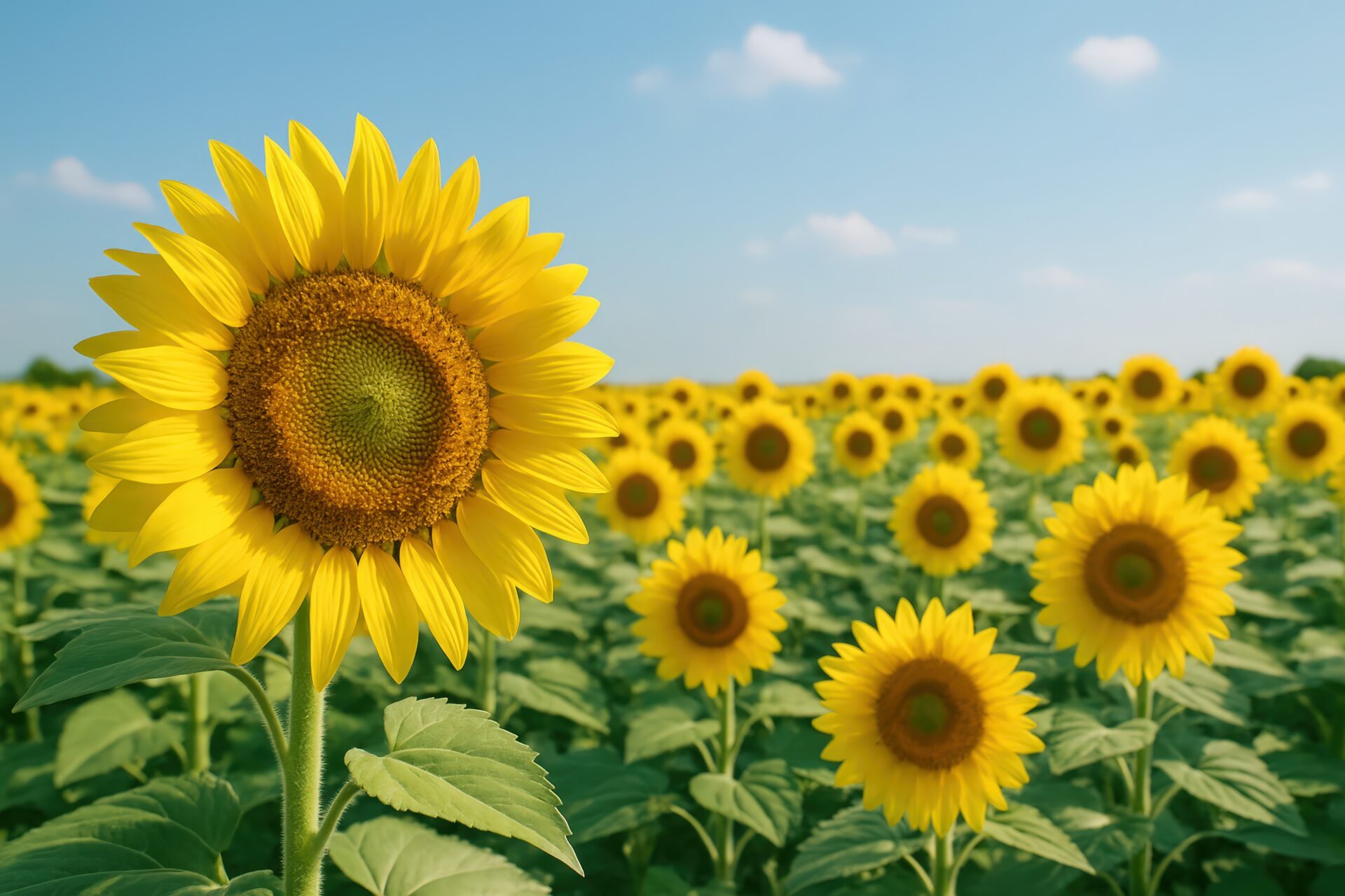 満開のひまわり畑と青空