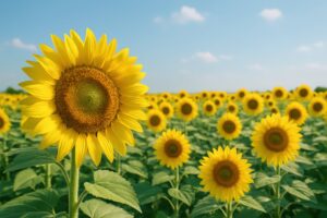 満開のひまわり畑と青空