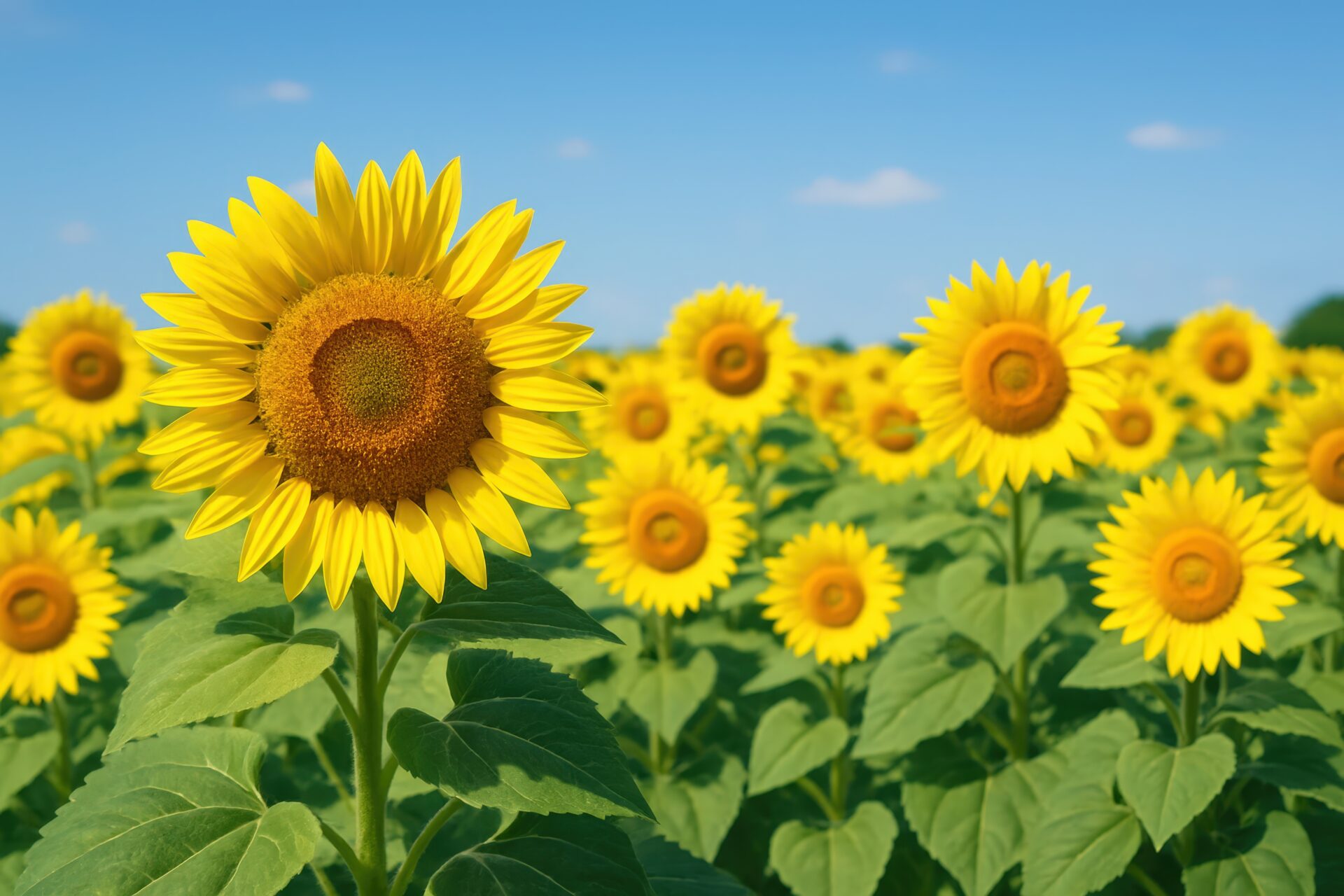 青空の下のひまわり畑の風景