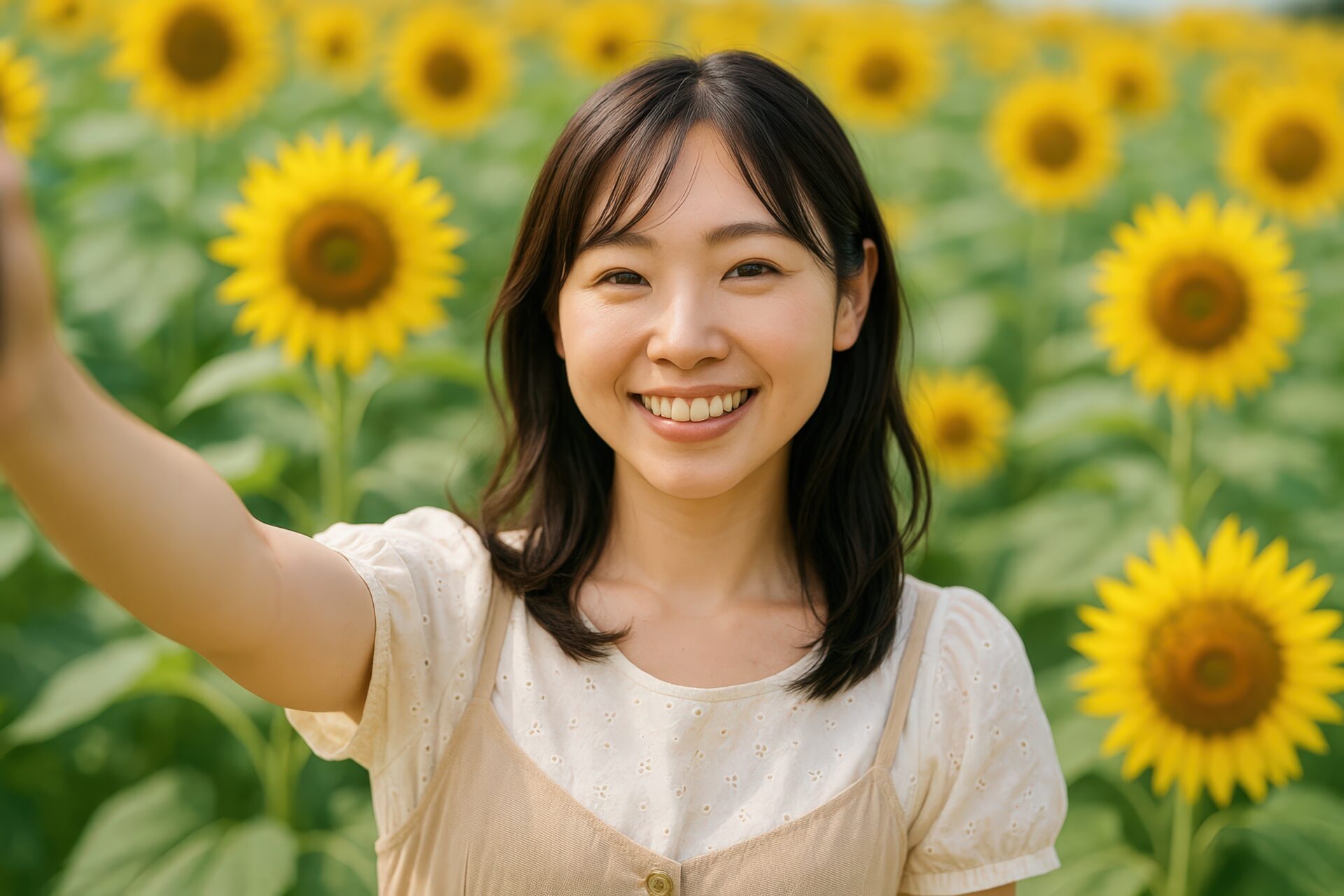 ひまわり畑で自撮りする笑顔の女性