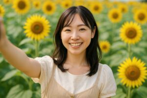 ひまわり畑で自撮りする笑顔の女性