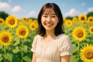 ひまわり畑で笑顔を見せる若い女性