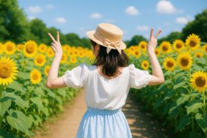 ひまわり畑でピースする後ろ姿の女性