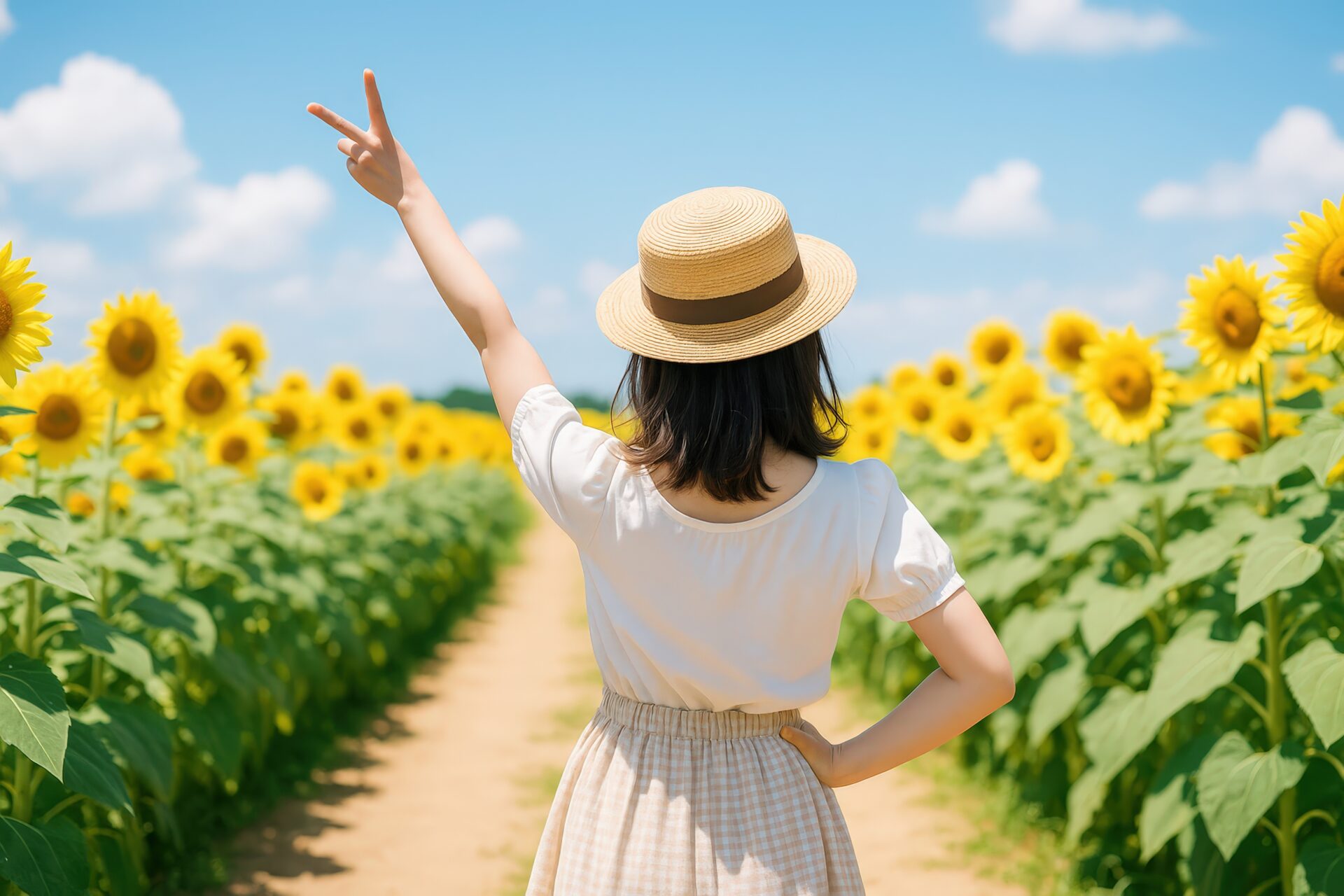 ひまわり畑でピースサインをする女性