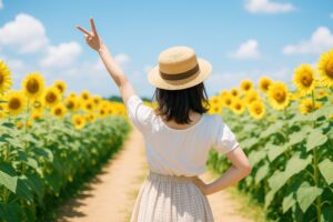 ひまわり畑でピースサインをする女性