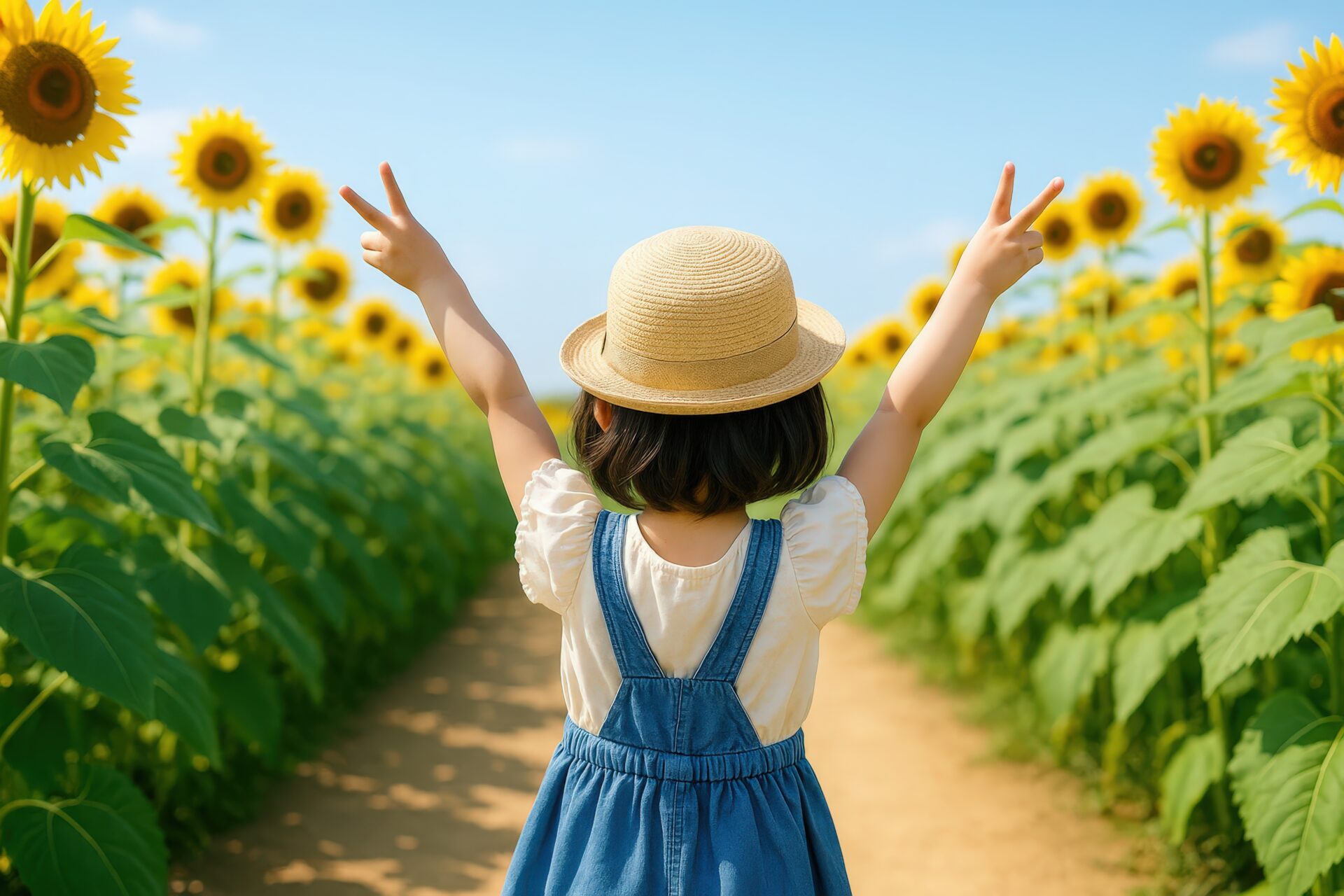 ひまわり畑で両手を上げる女の子の後ろ姿
