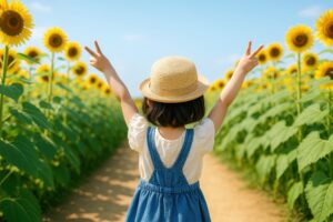 ひまわり畑で両手を上げる女の子の後ろ姿