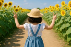 ひまわり畑でピースする女の子の後ろ姿