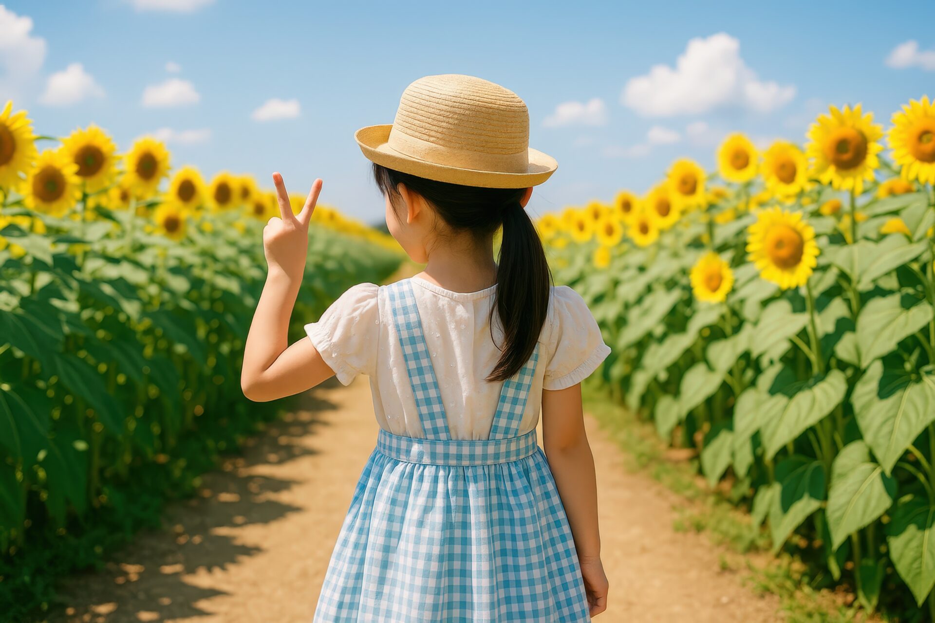 夏のひまわり畑でポーズをとる女の子