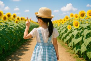 夏のひまわり畑でポーズをとる女の子
