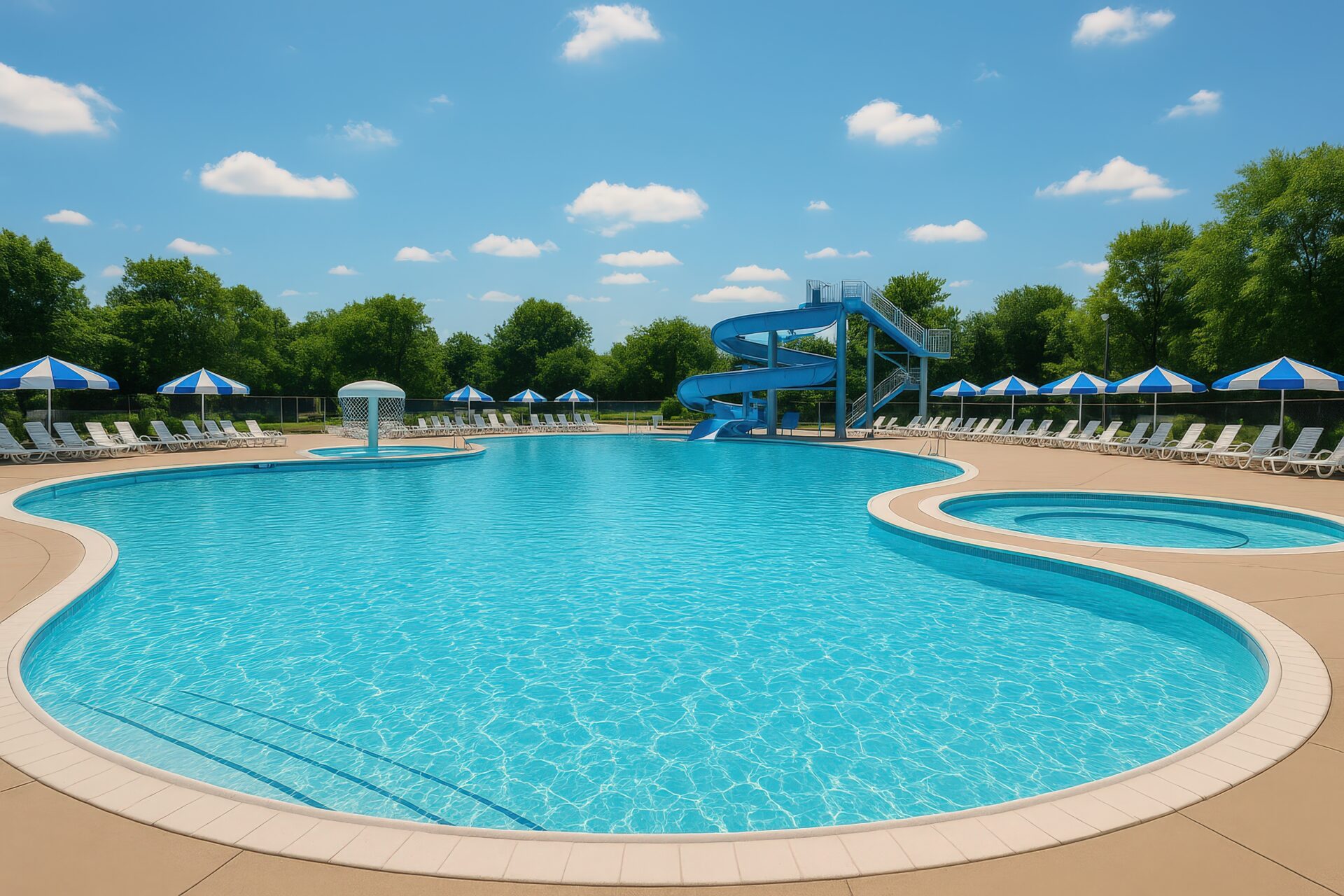 噴水とスライダーのあるリゾートプール