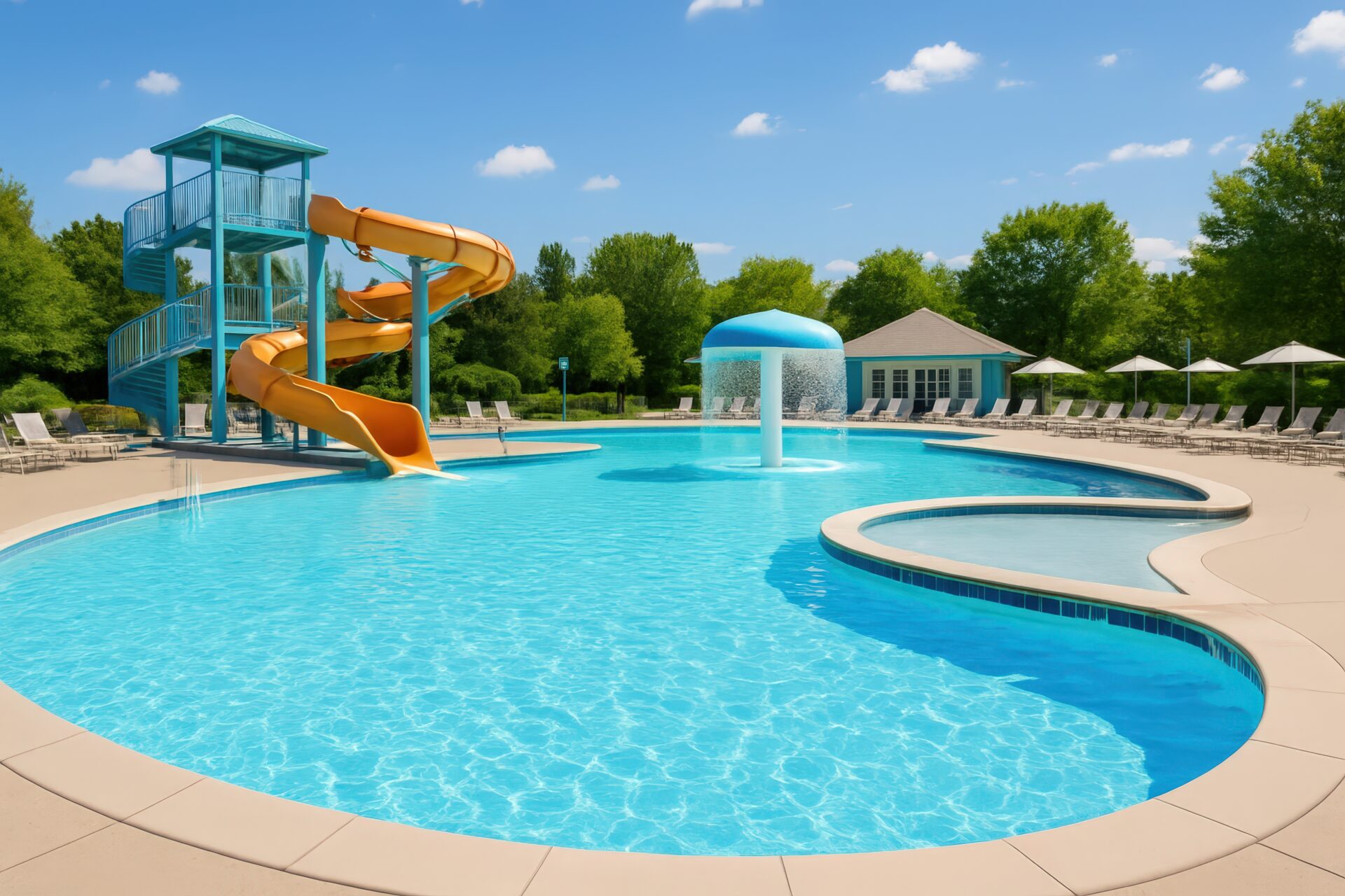 屋外プールとオレンジのスライダー